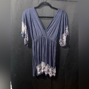 Monteau Navy V-Neck Mini Dress with Pink & Cream Floral Trim